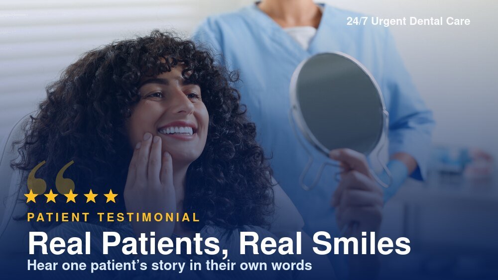 A smiling patient admiring her new smile after treatment at 24/7 Urgent Dental Care in Atlantis, FL